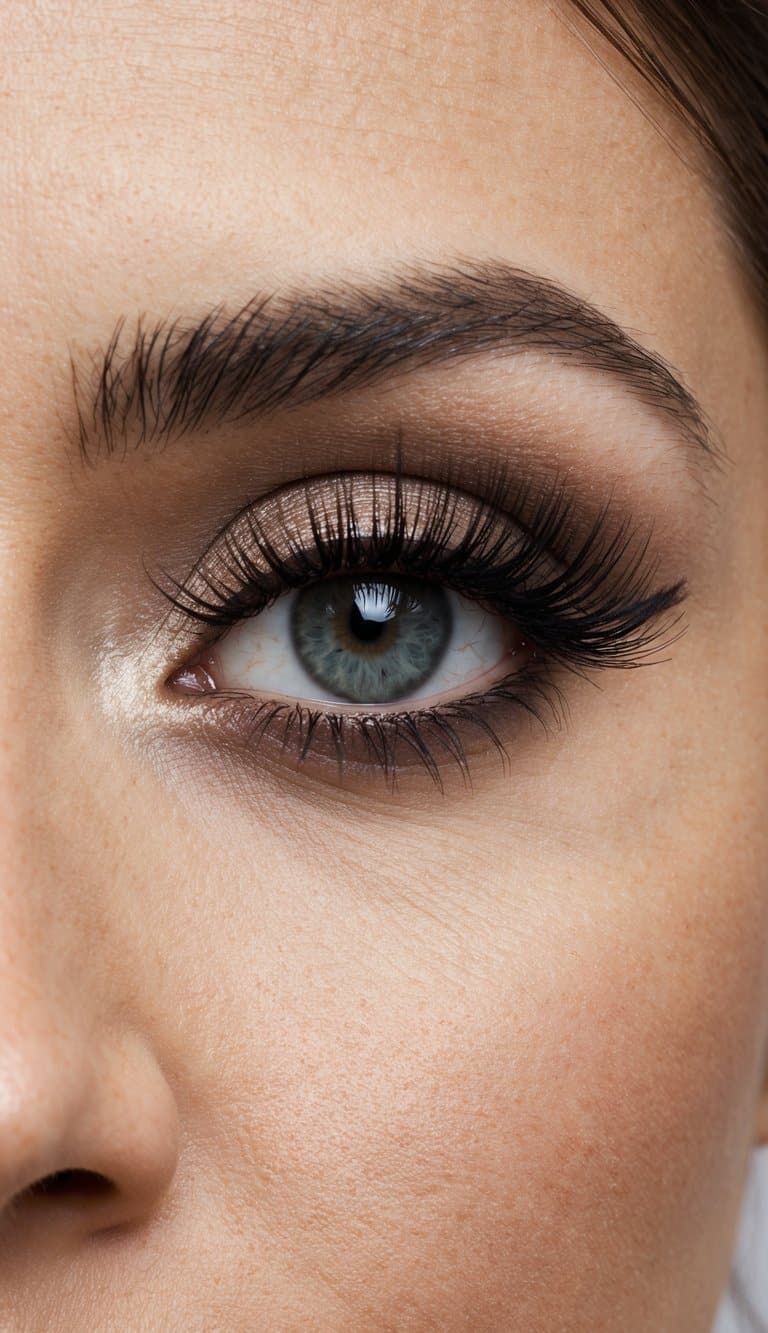 A bride's eyes with a smokey makeup look, enhanced by long, fluttery false lashes for a timeless and elegant bridal appearance