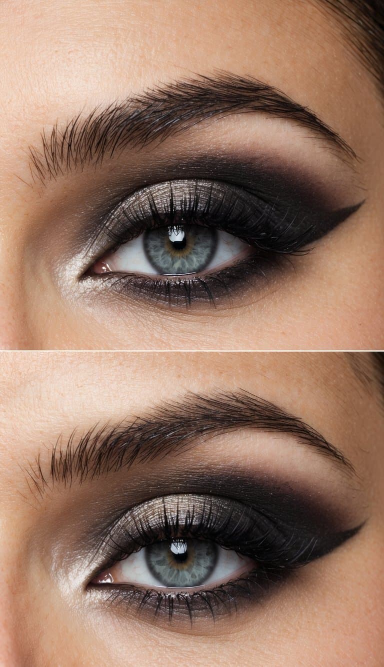 A close-up of a smokey eye makeup look with a highlighted inner corner, exuding elegance and timelessness