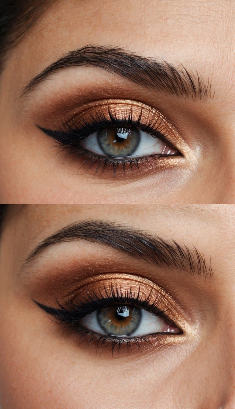 A close-up of a copper smokey eye makeup look with elegant and timeless bridal makeup vibes