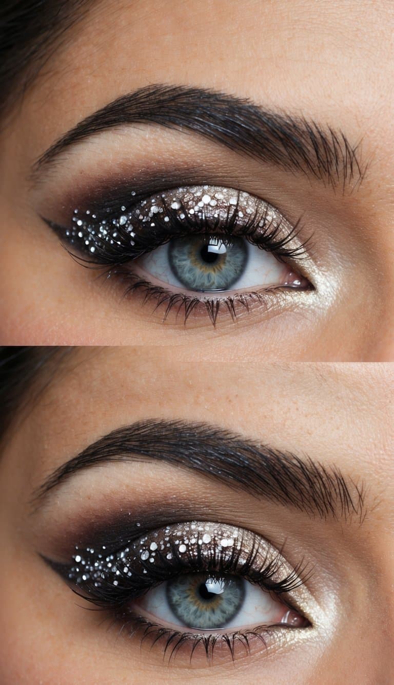 A bride's eye with a magnetic smokey look, adorned with sparkles for a romantic and dramatic wedding makeup design