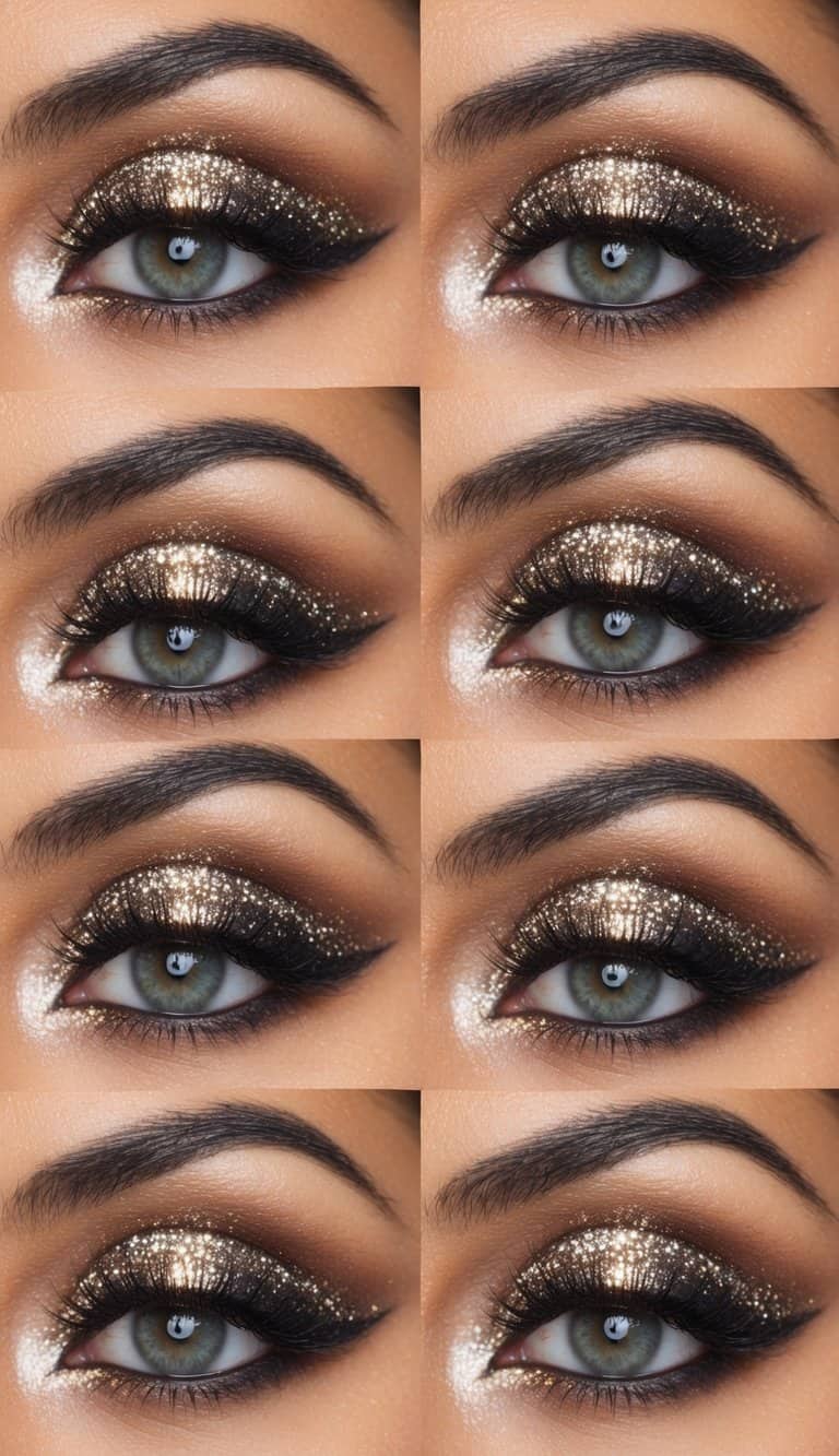 Eyes adorned with shimmering, sparkling makeup, reflecting light and radiating glamour