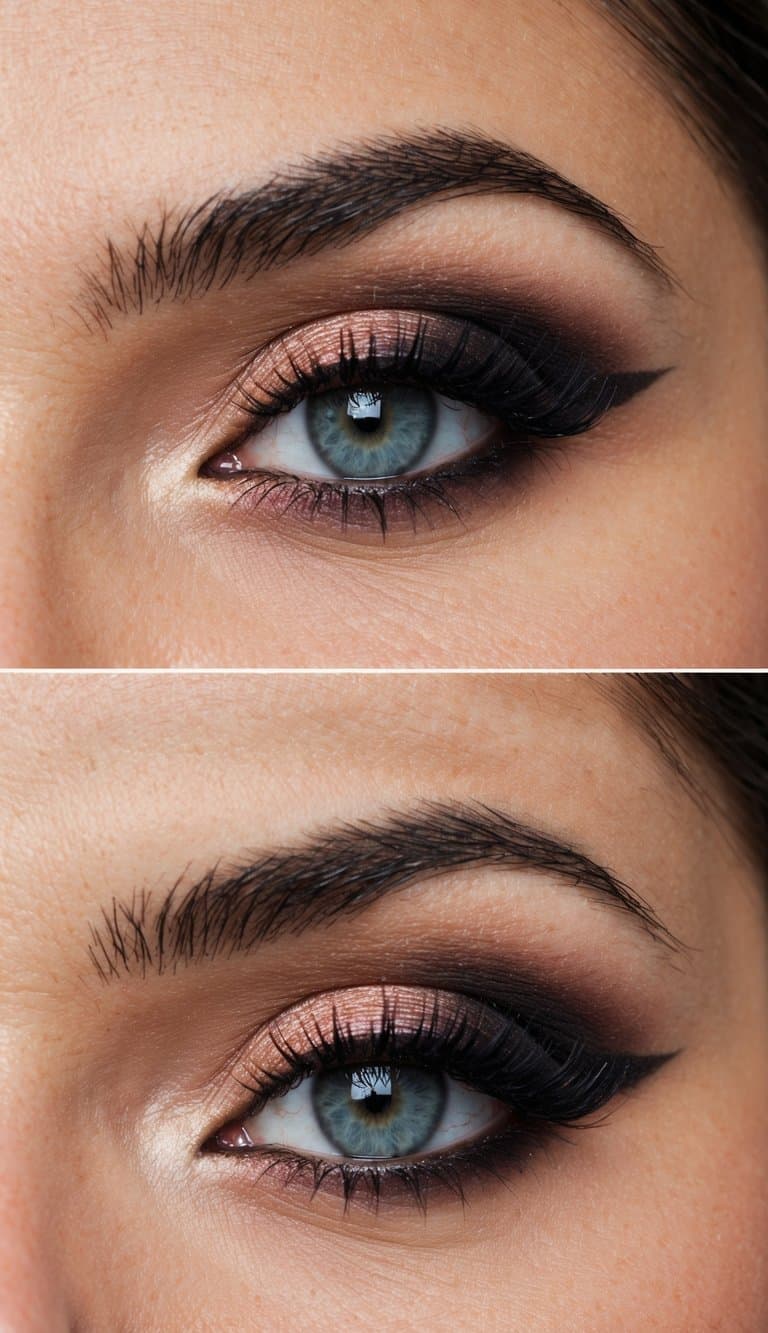A bride with a smokey eye makeup look, accented with touches of coral, creating a romantic and dramatic effect for her wedding day