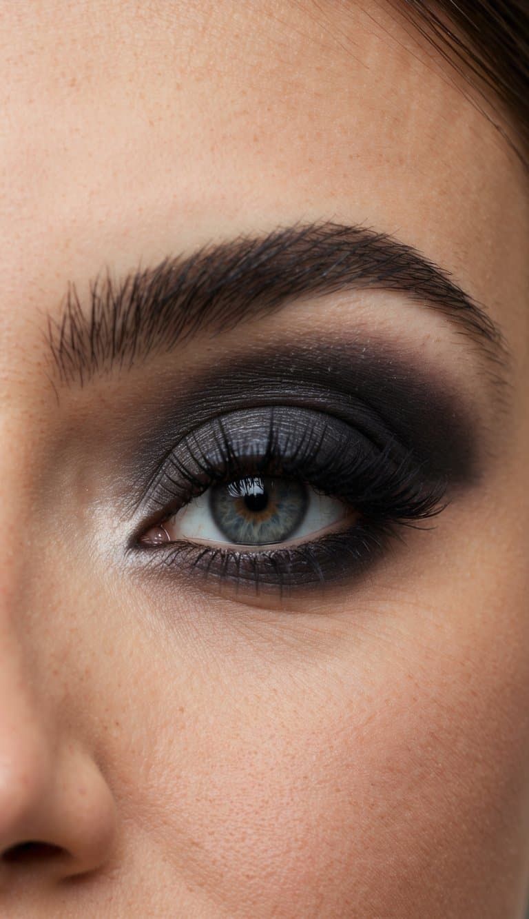 A close-up of an elegant and timeless charcoal smokey eye bridal makeup look, with soft blending and defined crease