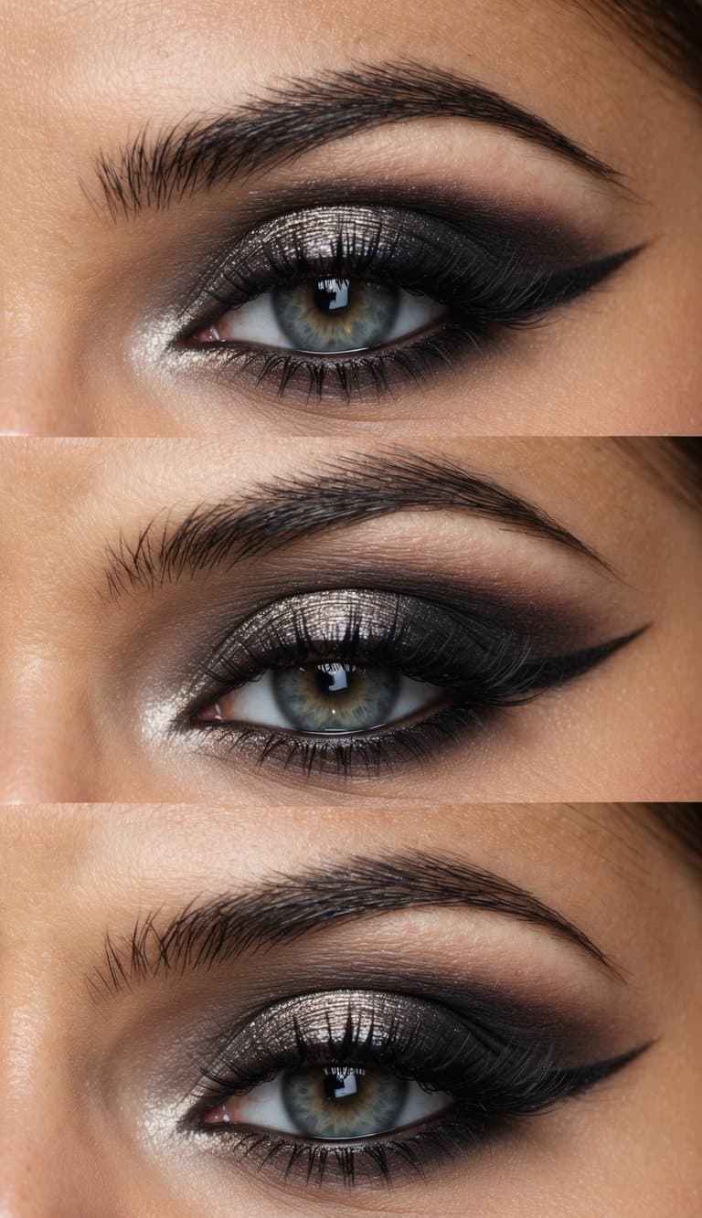 A close-up of a gunmetal smokey eye bridal makeup look, featuring elegant and timeless eye shadow and eyeliner