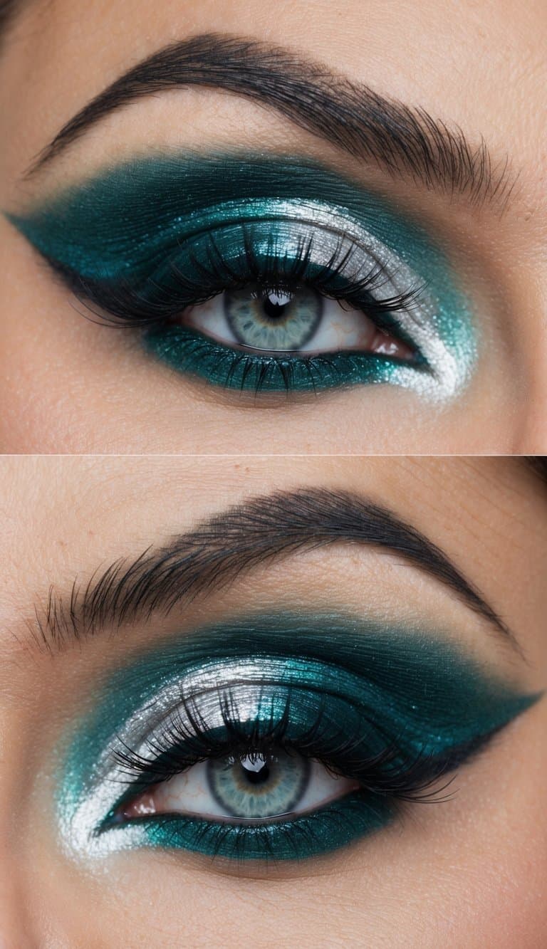 A close-up view of a teal and silver smokey eye makeup design, with a romantic and dramatic feel suitable for a wedding