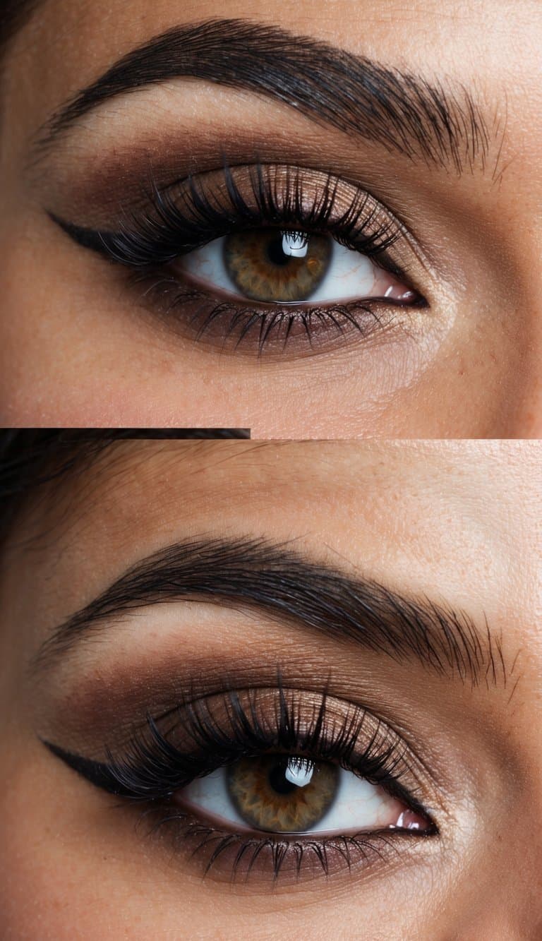 A bride's eyes with a chocolate smokey eye makeup look, framed by long lashes and softly blended eyeshadow