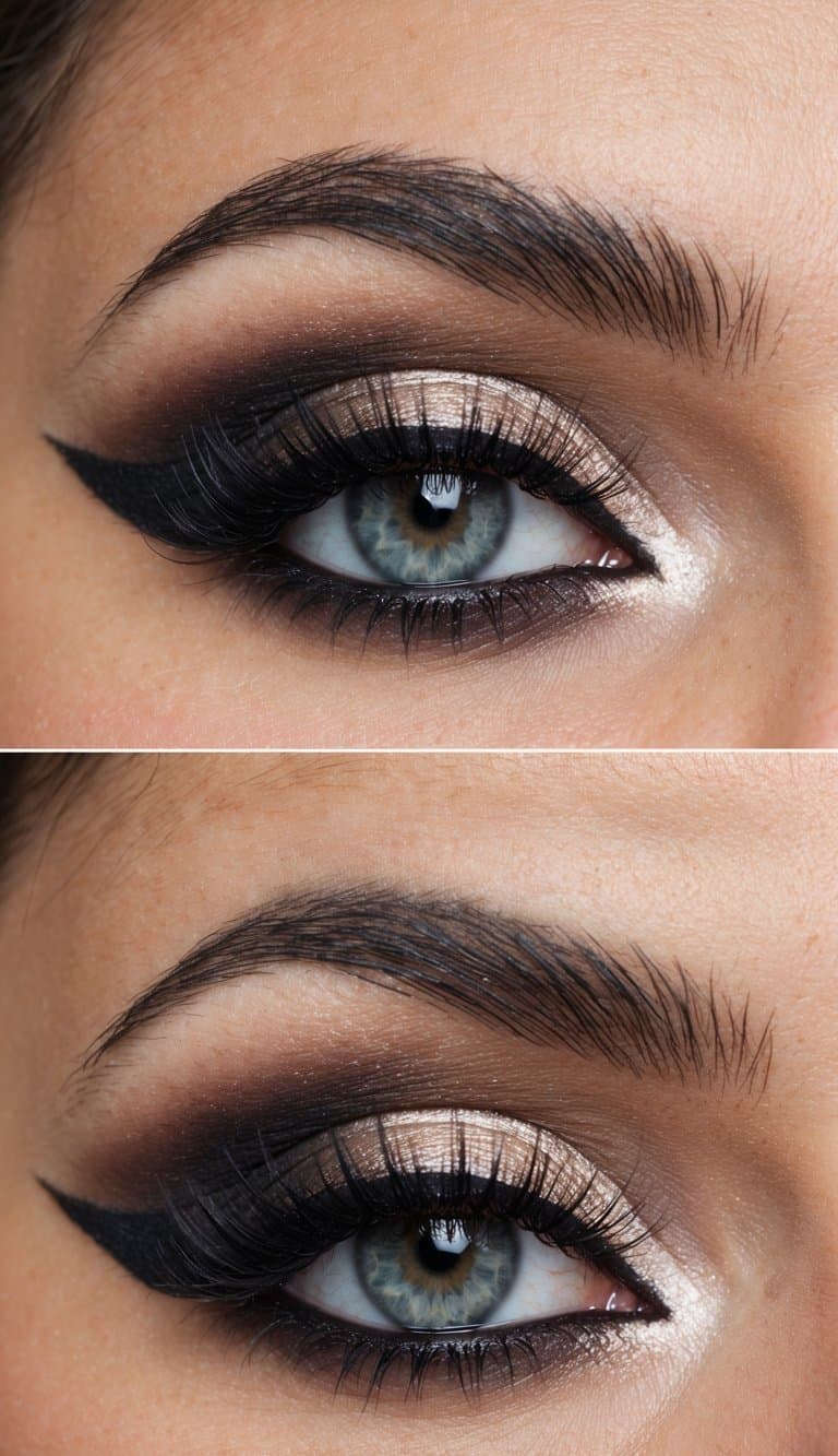 A close-up of an elegant and timeless smokey eye bridal makeup look, featuring a halo effect around the eyes