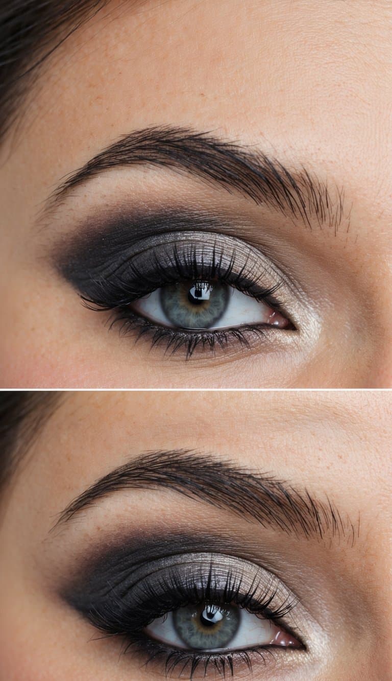 A close-up of a bride's eye with elegant and timeless smokey eye makeup, featuring soft, blended shades of grey and black
