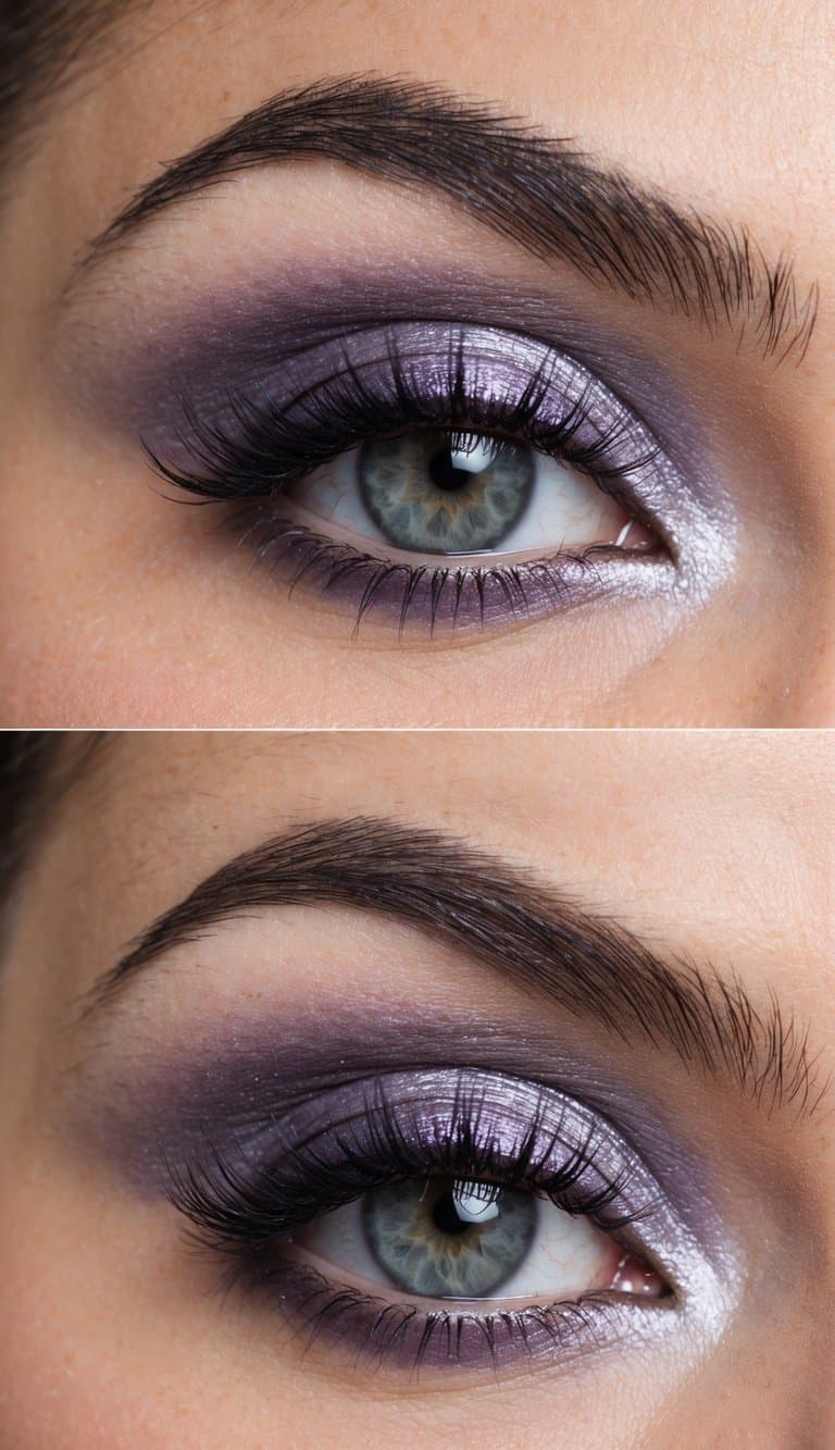 A close-up of a lavender and silver smokey eye makeup look, with a romantic and dramatic feel perfect for a wedding