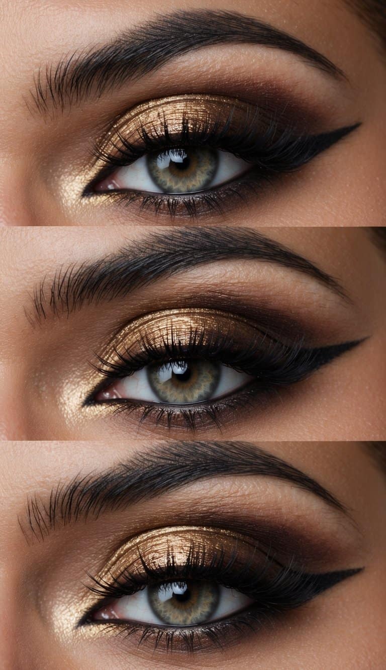 A close-up of a dramatic, romantic smokey eye with bronze and gold accents, perfect for a wedding makeup look