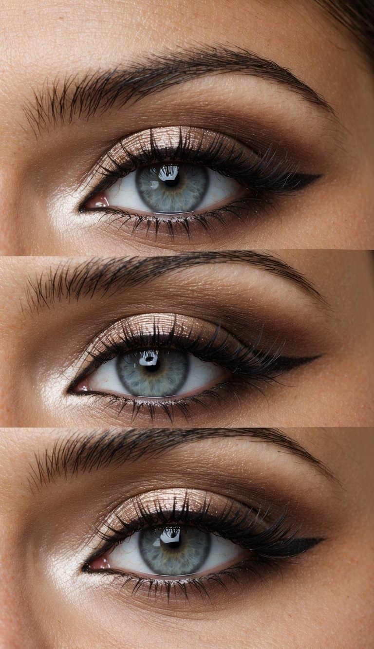 A close-up of an elegant and timeless smokey eye bridal makeup look, featuring glossy and shimmering eyeshadow in neutral tones
