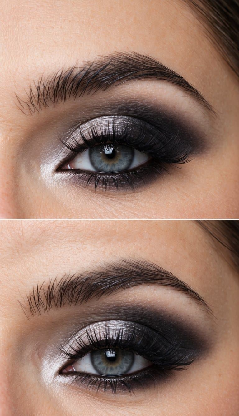 A close-up of an elegant and timeless smokey eye bridal makeup look, featuring soft, blended shades of gray and black with a hint of shimmer