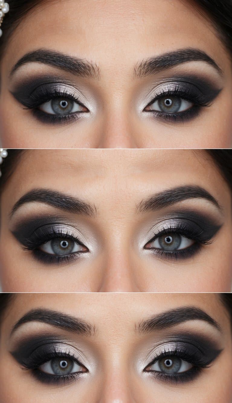 A close-up of an elegant and timeless gradient smokey eye bridal makeup look, featuring soft, blended shades of gray and black