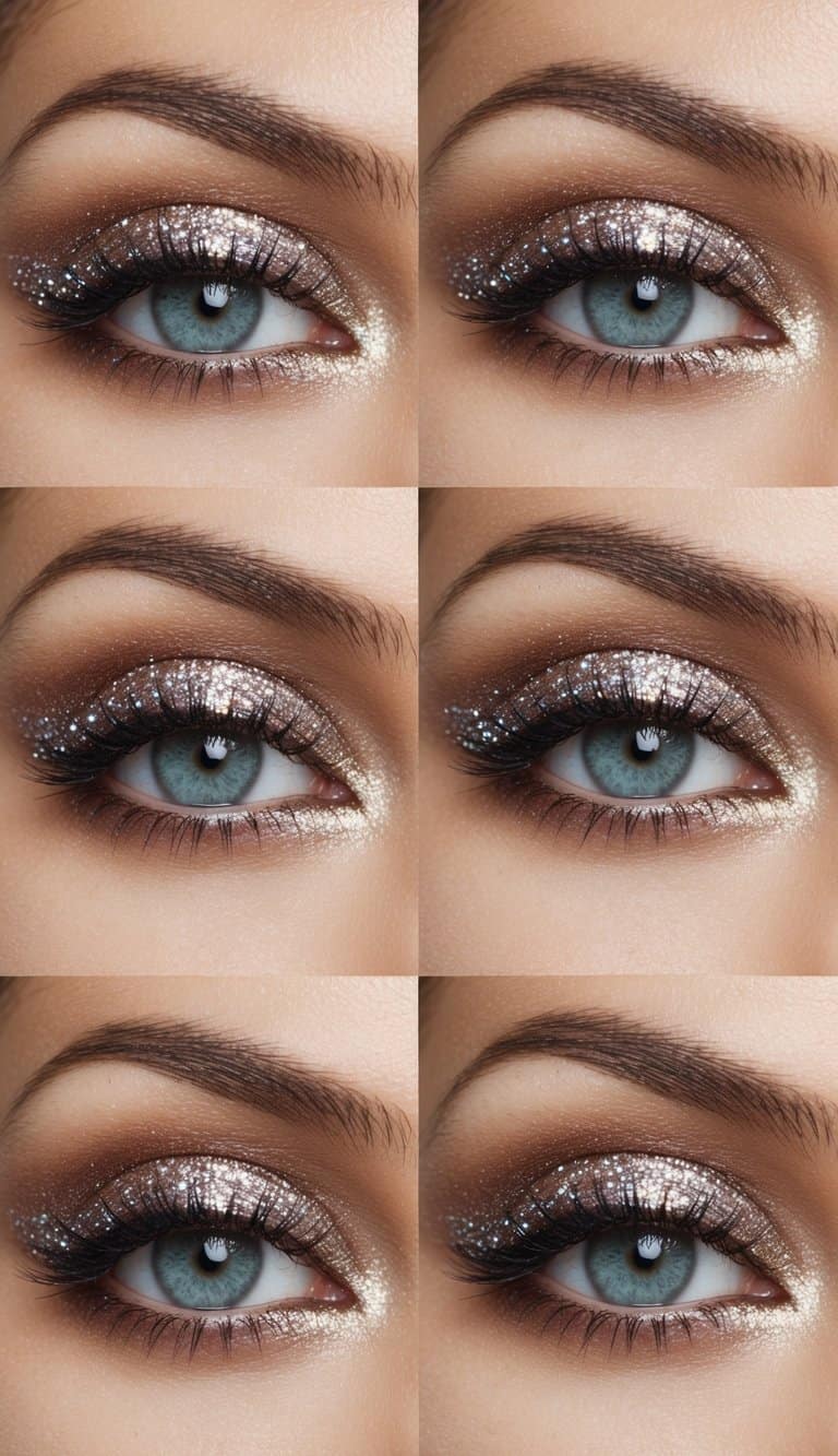 A close-up of sparkling eye makeup with shimmering eyeshadow and glitter accents