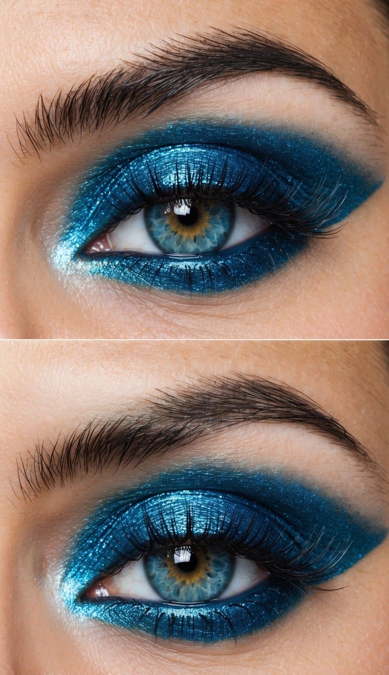 A close-up of a metallic blue eye with shimmering makeup, reflecting light and creating a dazzling and glamorous effect