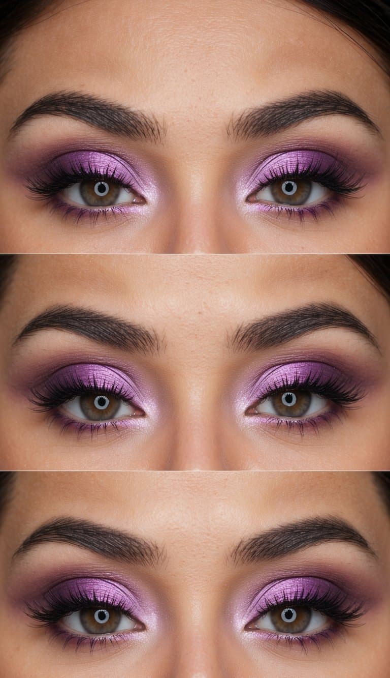 A close-up of an elegant and timeless lavender smokey eye bridal makeup look