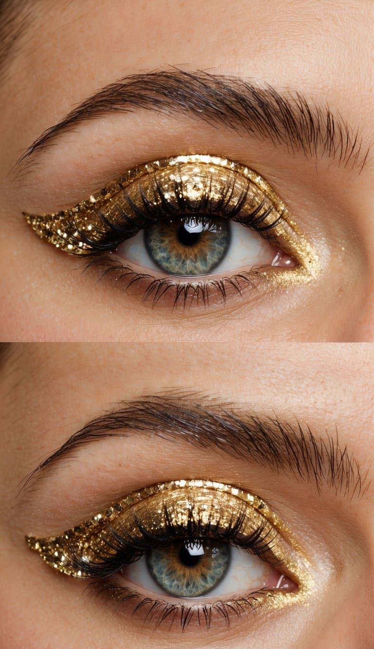 A close-up of a sparkling eye with gold leaf detail