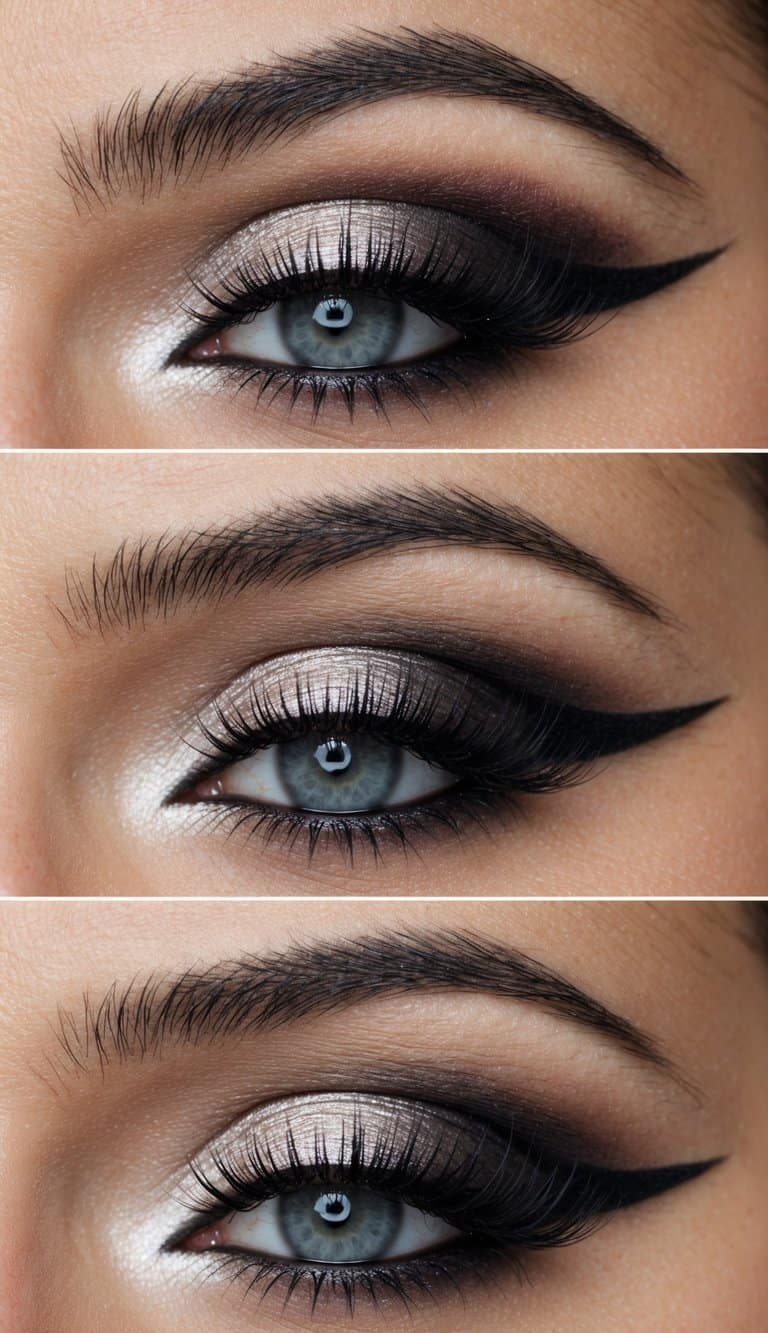 A close-up of a smokey eye makeup look with floating eyeliner, showcasing elegant and timeless bridal makeup