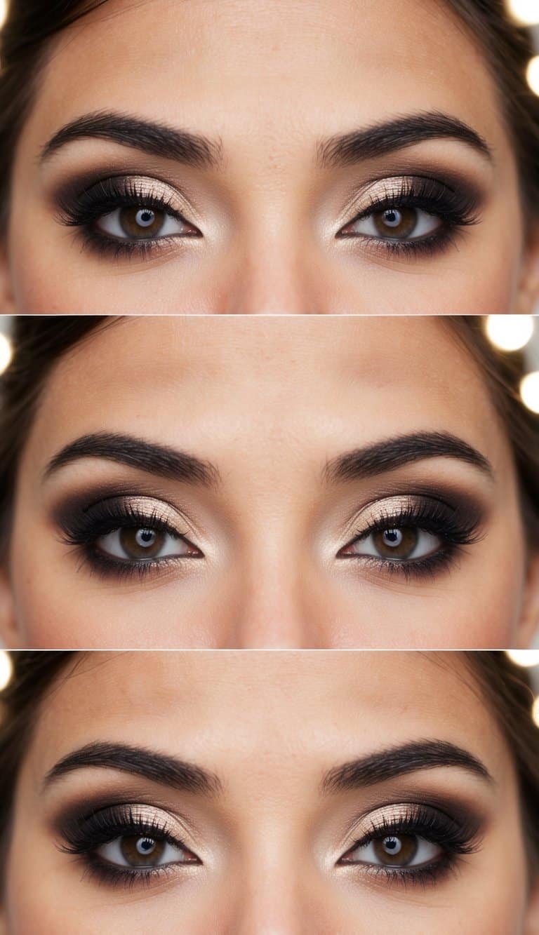 A bride's face with elegant and timeless smokey eye makeup, surrounded by soft, romantic lighting