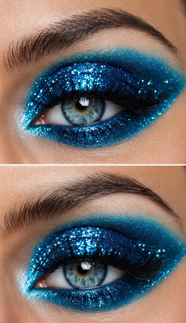 A close-up of a sparkling electric blue eye makeup look with shimmer and glitter, creating a dazzling and glamorous effect