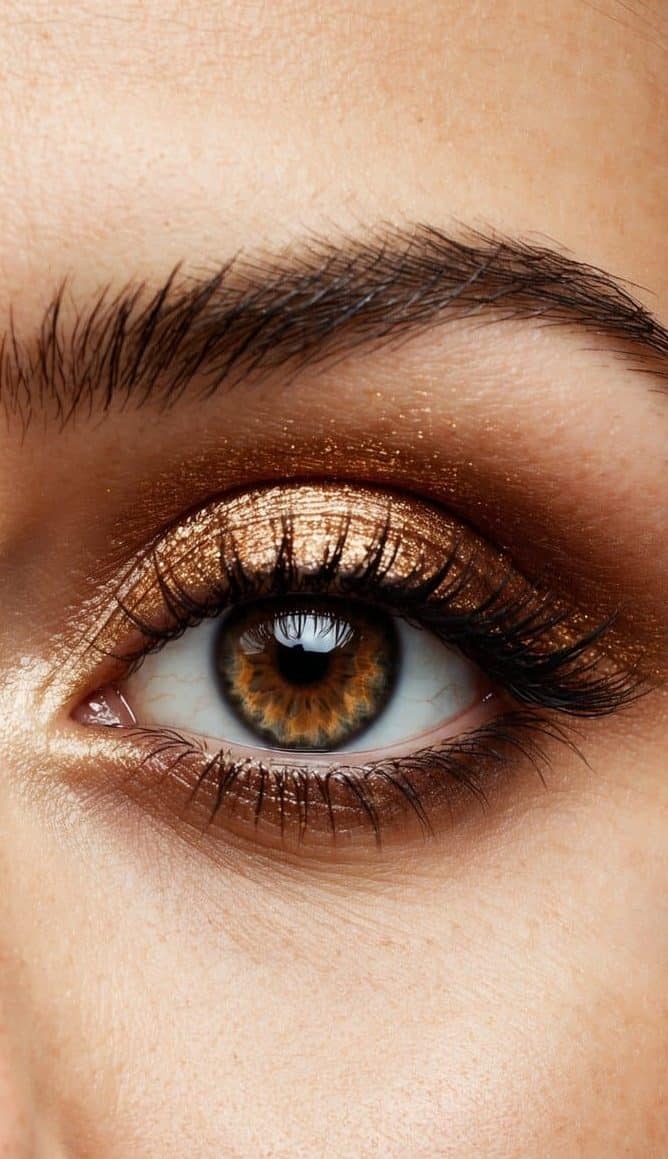 A close-up of a single eye with shimmering bronze eyeshadow, reflecting light and creating a dazzling and glamorous effect