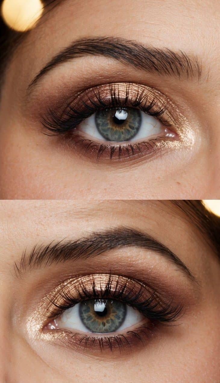A close-up of a pair of eyes with rose gold smokey eyeshadow, surrounded by soft, romantic lighting