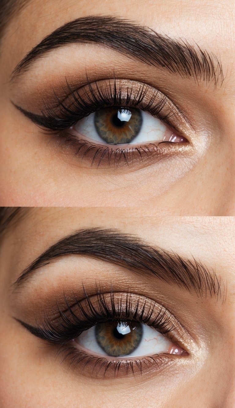 Soft brown cut crease eye makeup with a touch of shimmer, framed by long lashes and groomed brows