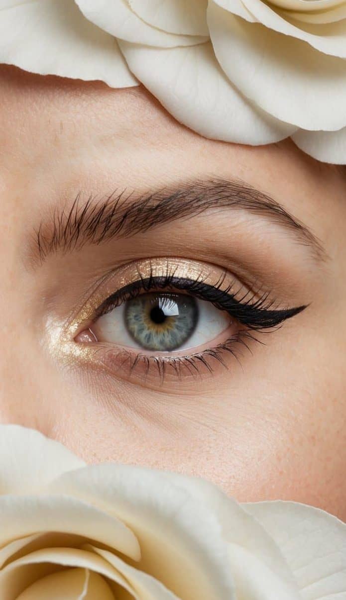 A close-up view of an eye with a natural liner and subtle sparkle, surrounded by elegant and romantic soft glam makeup