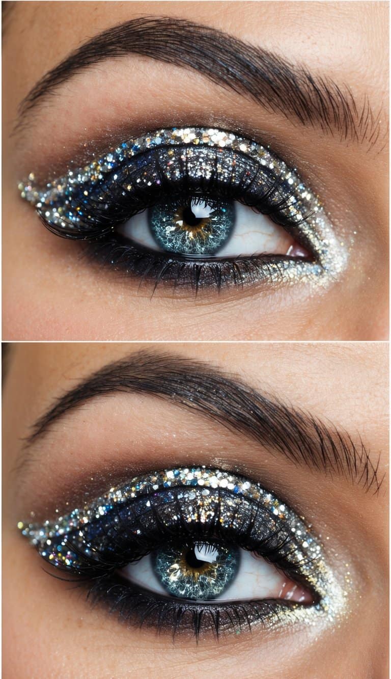A close-up of sparkling eye makeup with shimmering eyeshadow and glitter accents, creating a dazzling and glamorous look