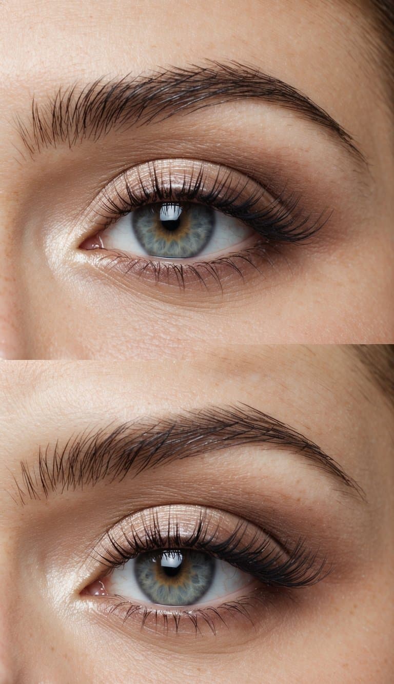 A close-up of an elegant and romantic soft glam eye makeup look, featuring a blend of ivory and taupe shades