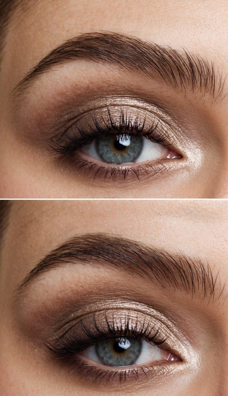 Soft taupe eyeshadow glistening under soft lighting, creating an elegant and romantic look