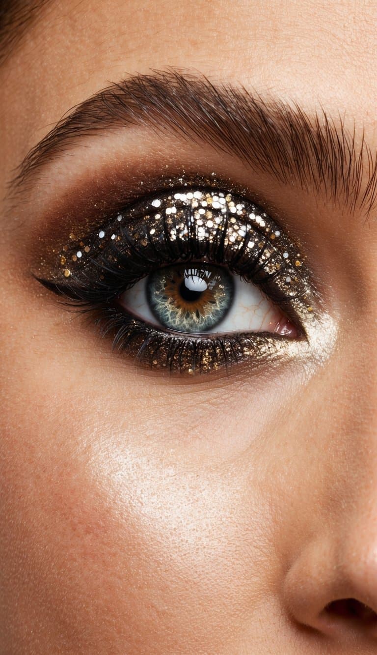 A close-up of sparkling eye makeup with velvet and glitter textures, reflecting light and creating a dazzling and glamorous look
