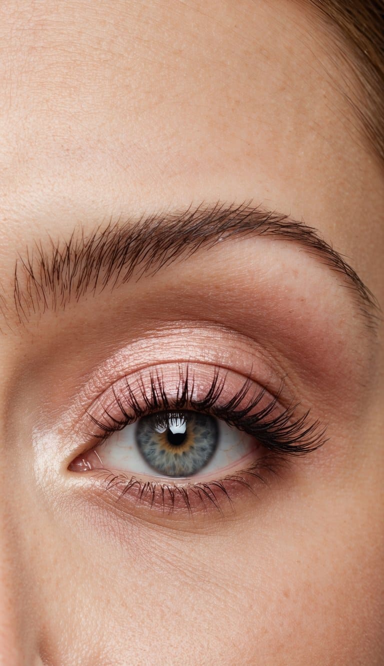 A close-up of an elegant eye with soft glam makeup in rose quartz shades, featuring a subtle shimmer and a touch of romance