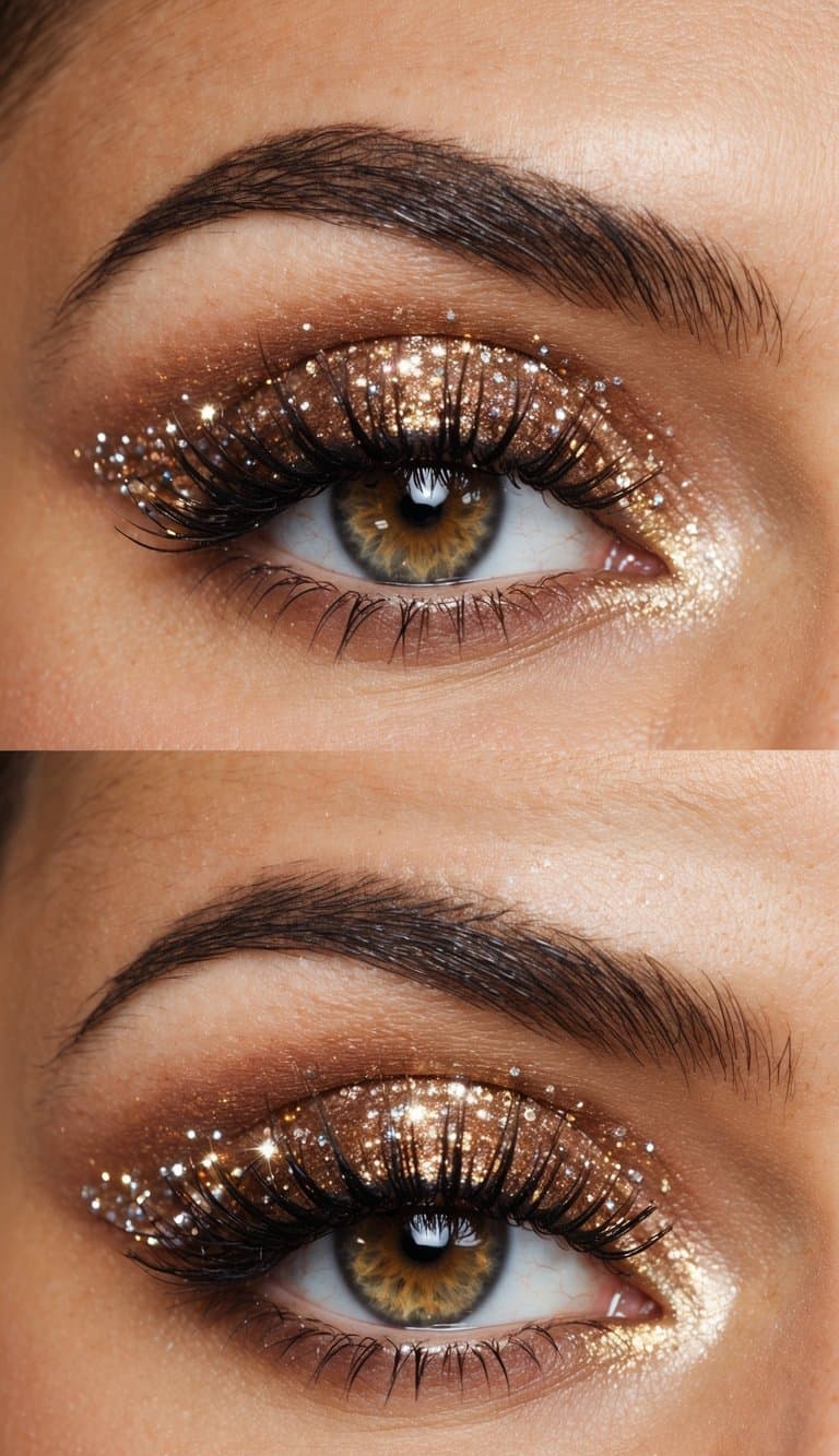 A close-up of a sparkling, bronzed starburst eye makeup look, with shimmering details and a glamorous feel