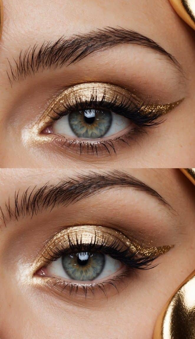 A close-up of an elegant eye with subtle gold flicks, surrounded by soft glam makeup