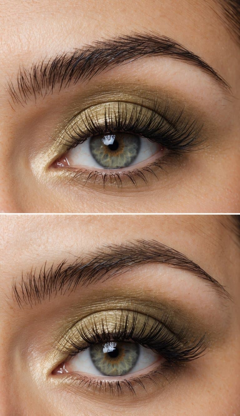 A close-up of an eyelid with a soft olive crease, adorned with elegant and romantic soft glam eye makeup