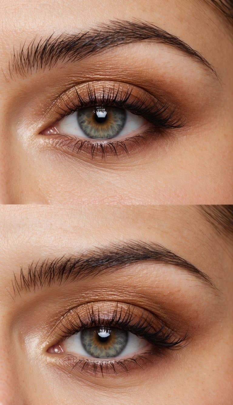 A close-up of an elegant eye with soft glam makeup, featuring neutral tones and a tender chestnut glaze