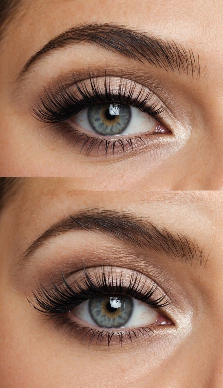A close-up of a feathery satin silk eye makeup look, with soft, elegant and romantic glam featuring neutral tones