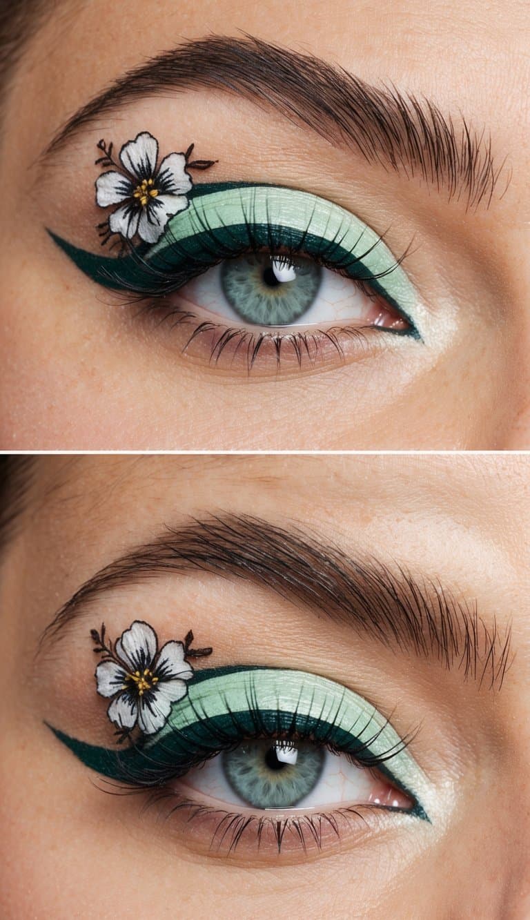 A close-up of a mint green winged eyeliner look with floral accents