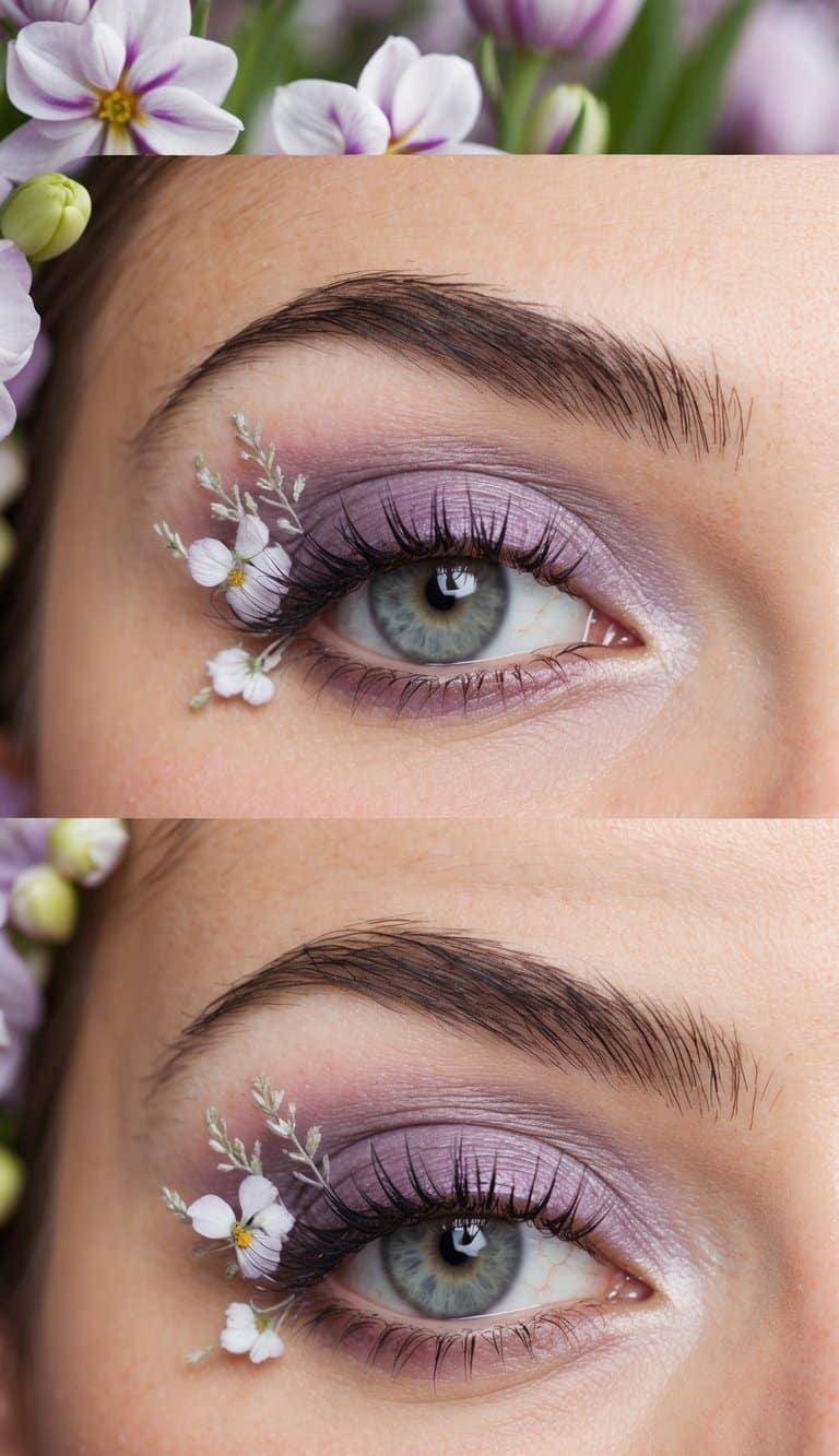 A soft lilac haze smokey eye with delicate floral accents, set against a backdrop of blooming spring flowers