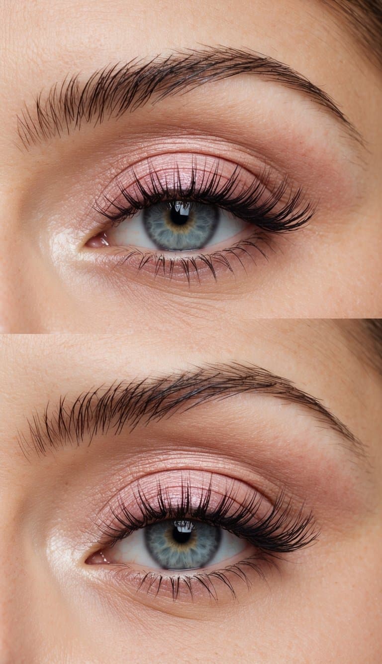 A close-up of a soft glam eye makeup look in a soft shell pink color palette, with elegant and romantic vibes