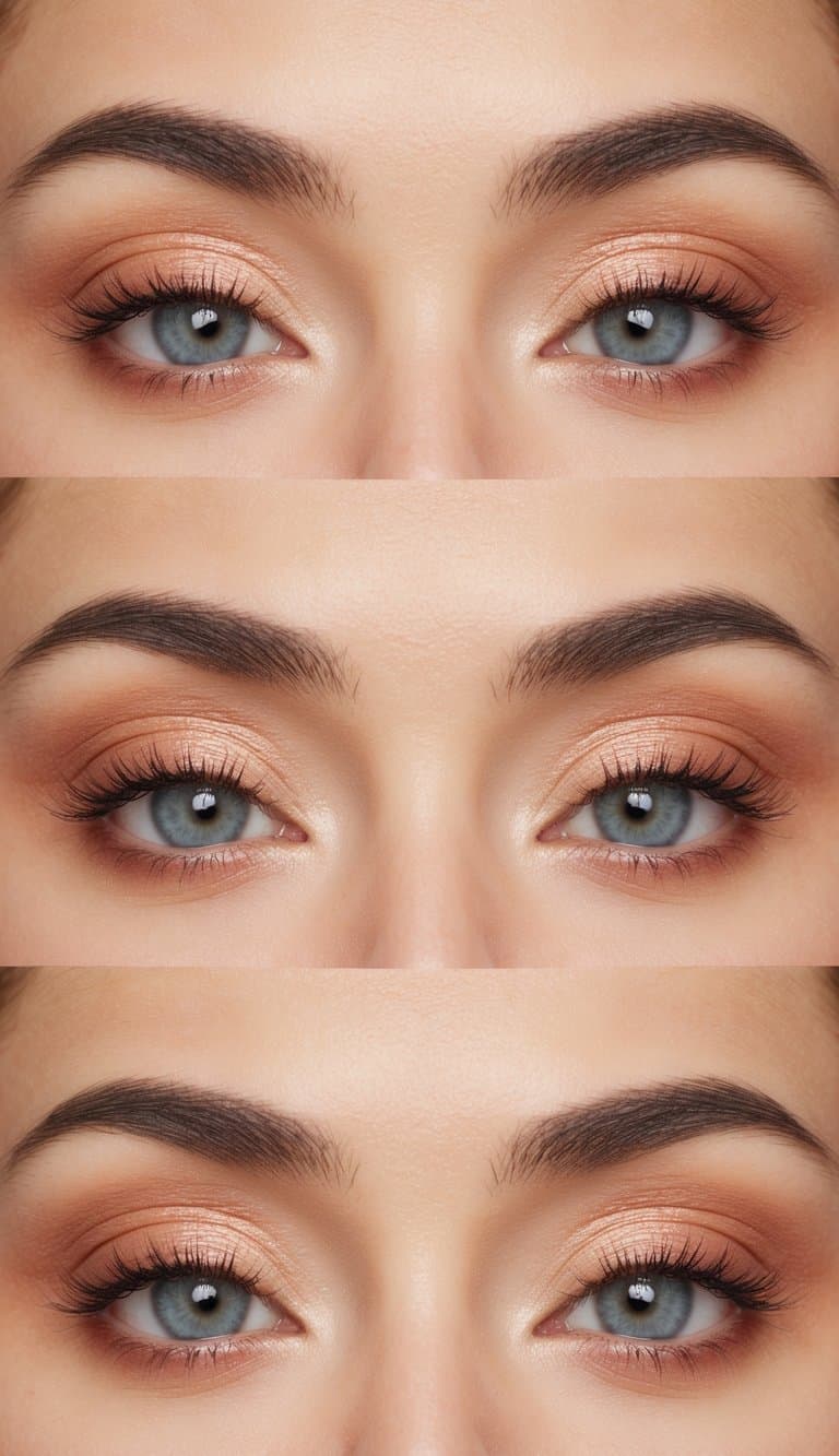 A peach-colored palette with soft, elegant eye makeup. Delicate, romantic, and glamorous