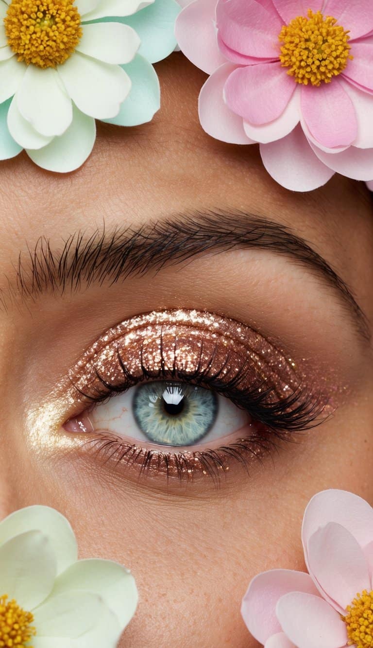 A close-up of rose gold glitter lids surrounded by pastel floral accents and spring-inspired colors