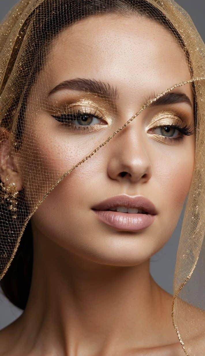 A close-up of a graceful gold veil draped over a soft glam eye makeup look, with a romantic and elegant vibe