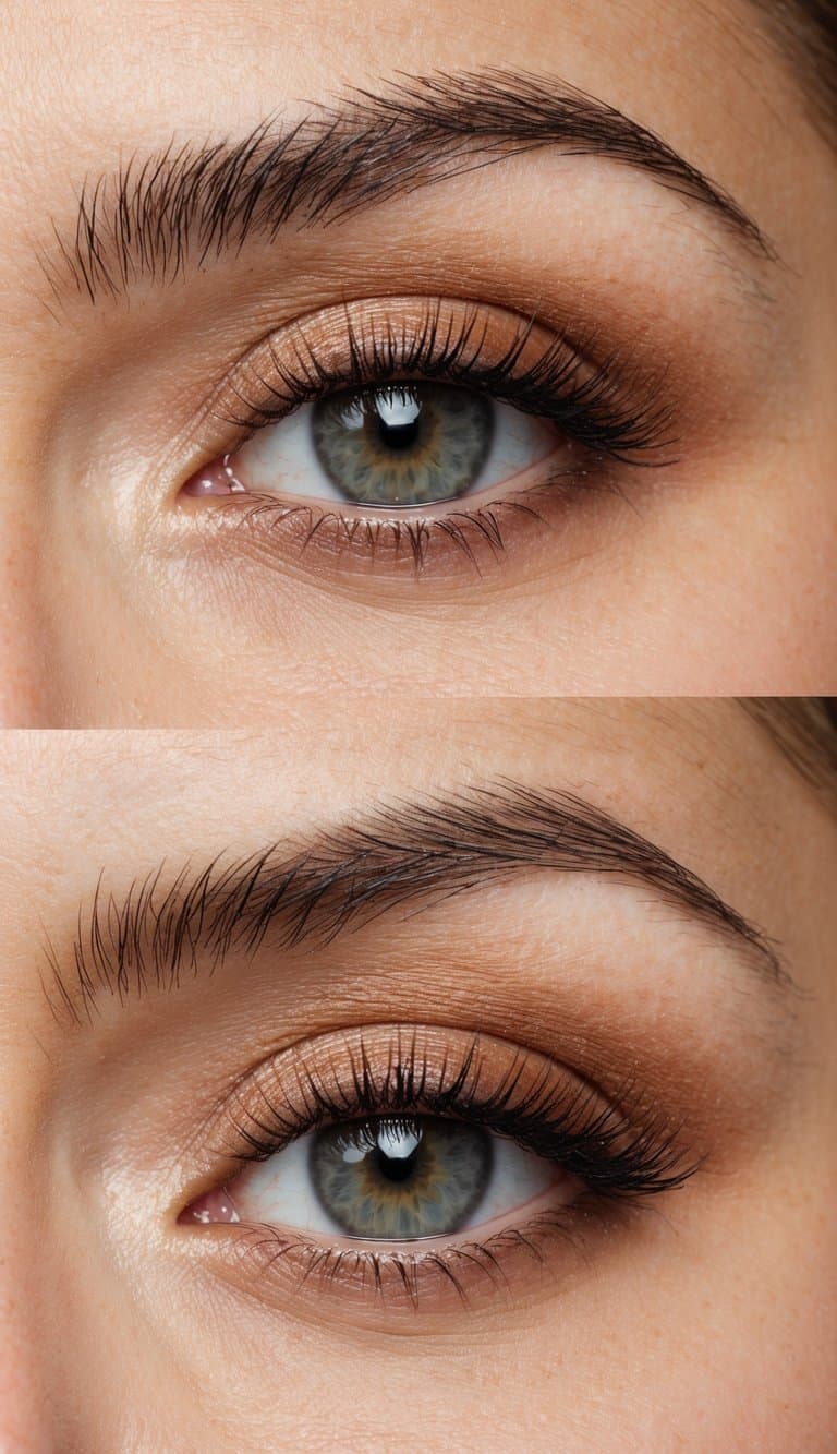 A close-up of a pair of eyes with soft glam makeup, featuring neutral tones and a hint of cinnamon kissed lids