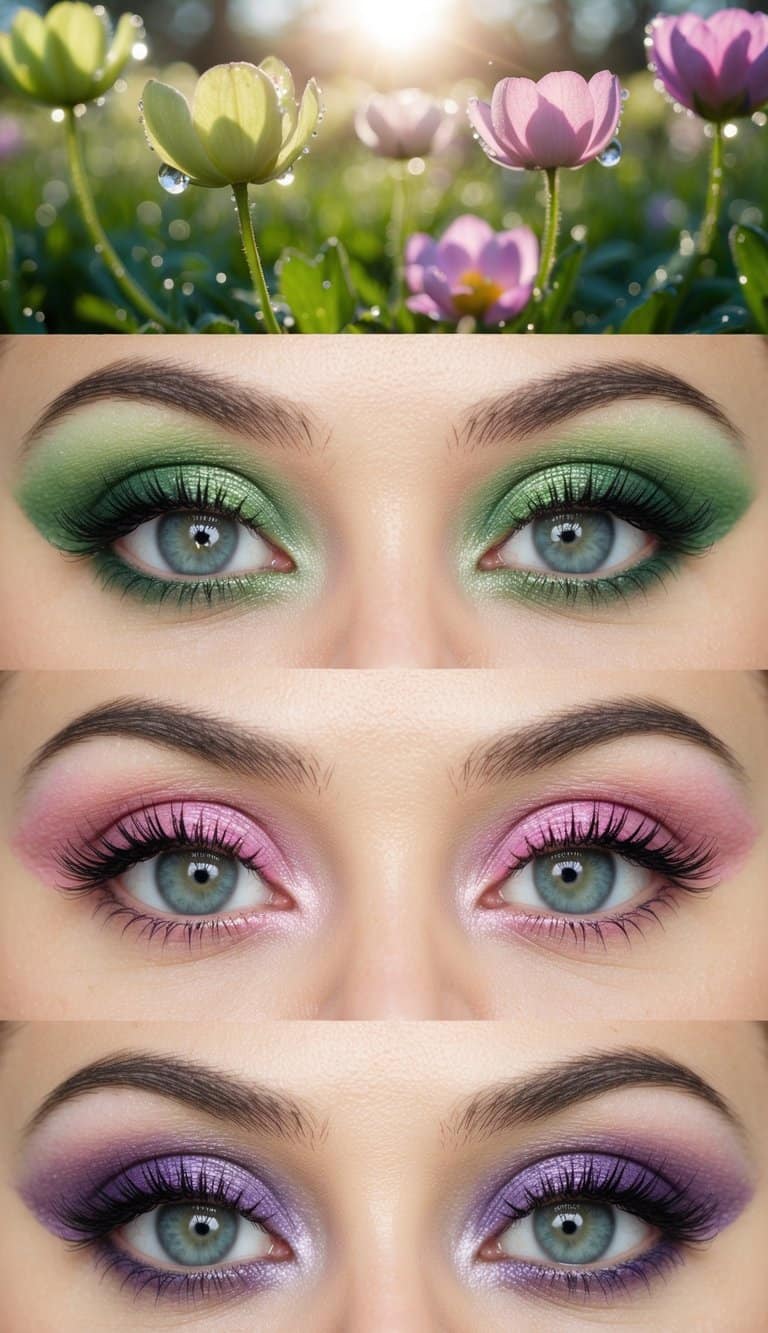 A garden of blooming flowers in various shades of green, pink, and purple, with dew glistening on the petals under the soft spring sunlight