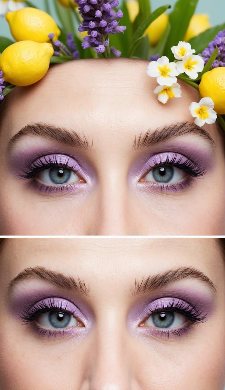 A delicate bouquet of lavender and lemon blooms against a springtime backdrop, evoking a fresh and floral-inspired eye makeup look