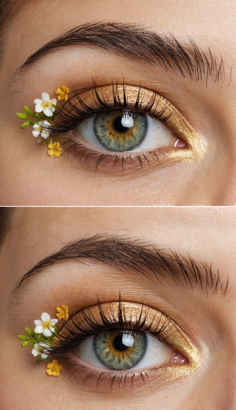 A close-up of a pair of eyes with a golden glow in the inner corners, surrounded by fresh and floral-inspired spring eye makeup