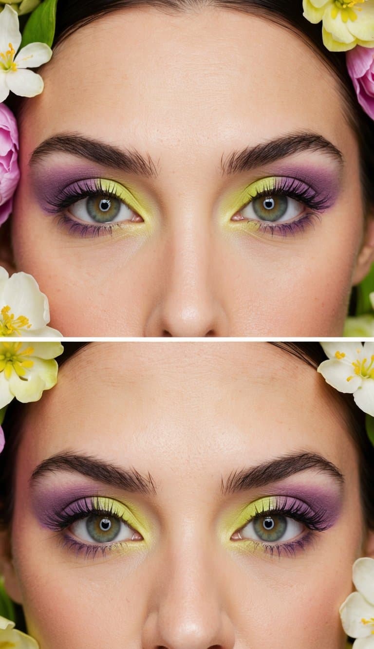 A close-up of a pair of eyes with vibrant lilac and lime twist eyeshadow, surrounded by floral and fresh spring-inspired elements