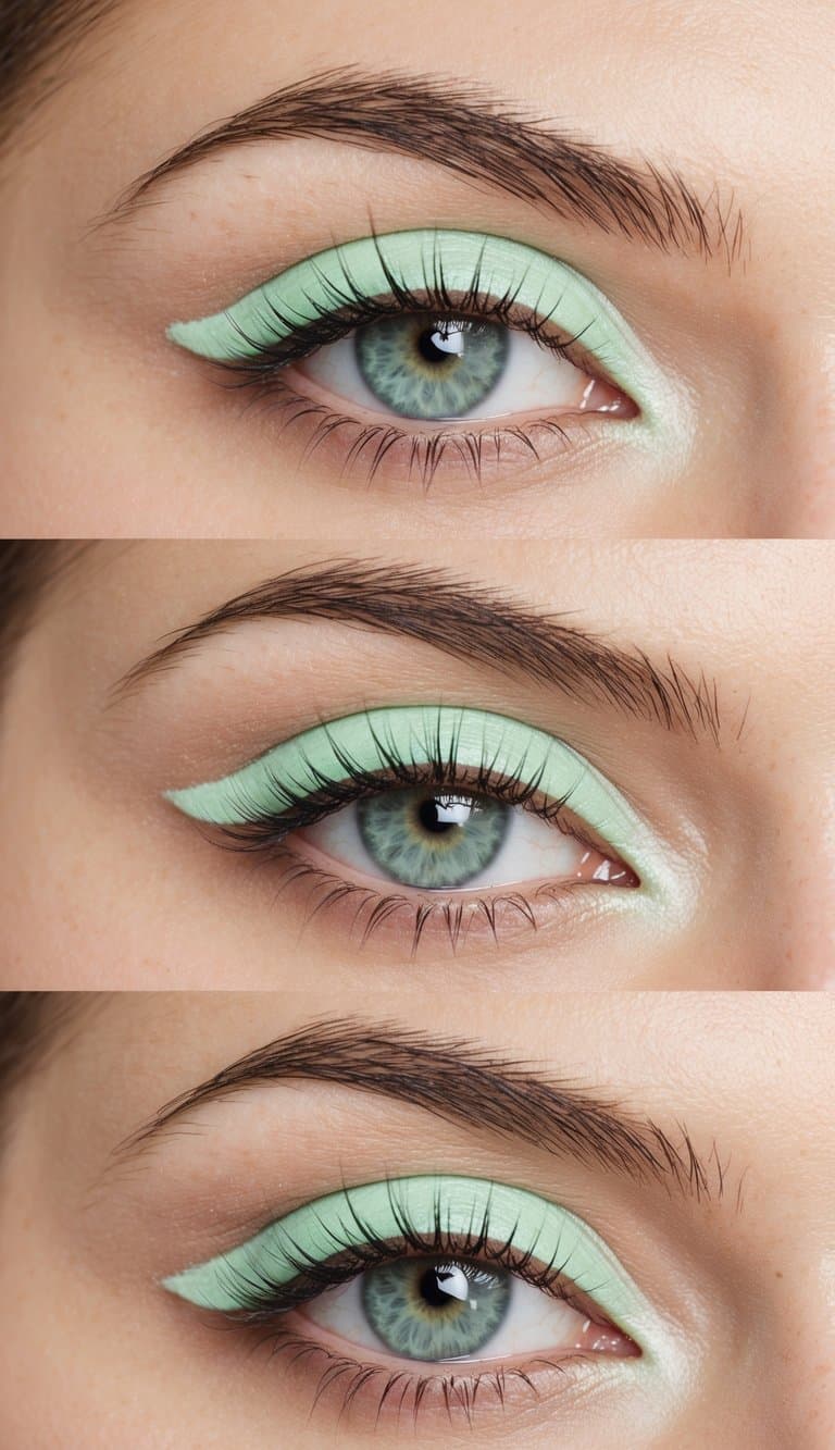 A soft, mint green frosting swirls around delicate, pastel floral eye makeup